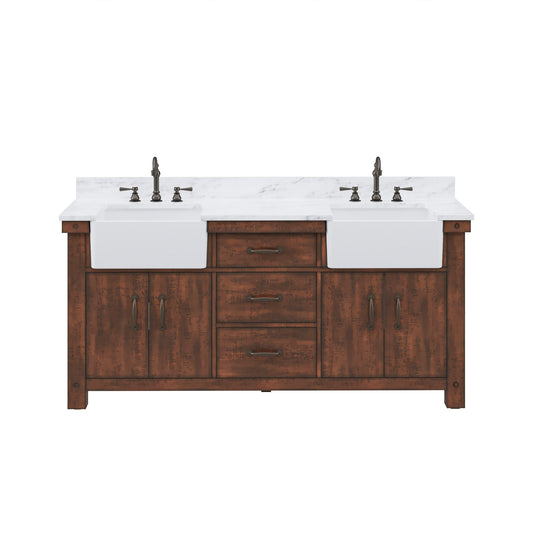 PAISLEY 72"W x 33"H Sierra Rustic Double-Sink Vanity with Carrara White Marble Countertop + Hook Faucet