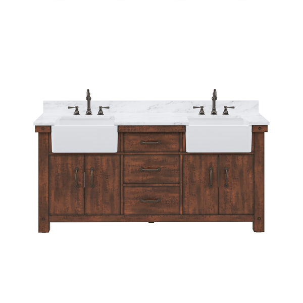 PAISLEY 72W x 33H Sierra Rustic Double-Sink Vanity with Carrara White Marble Countertop + Hook Faucet