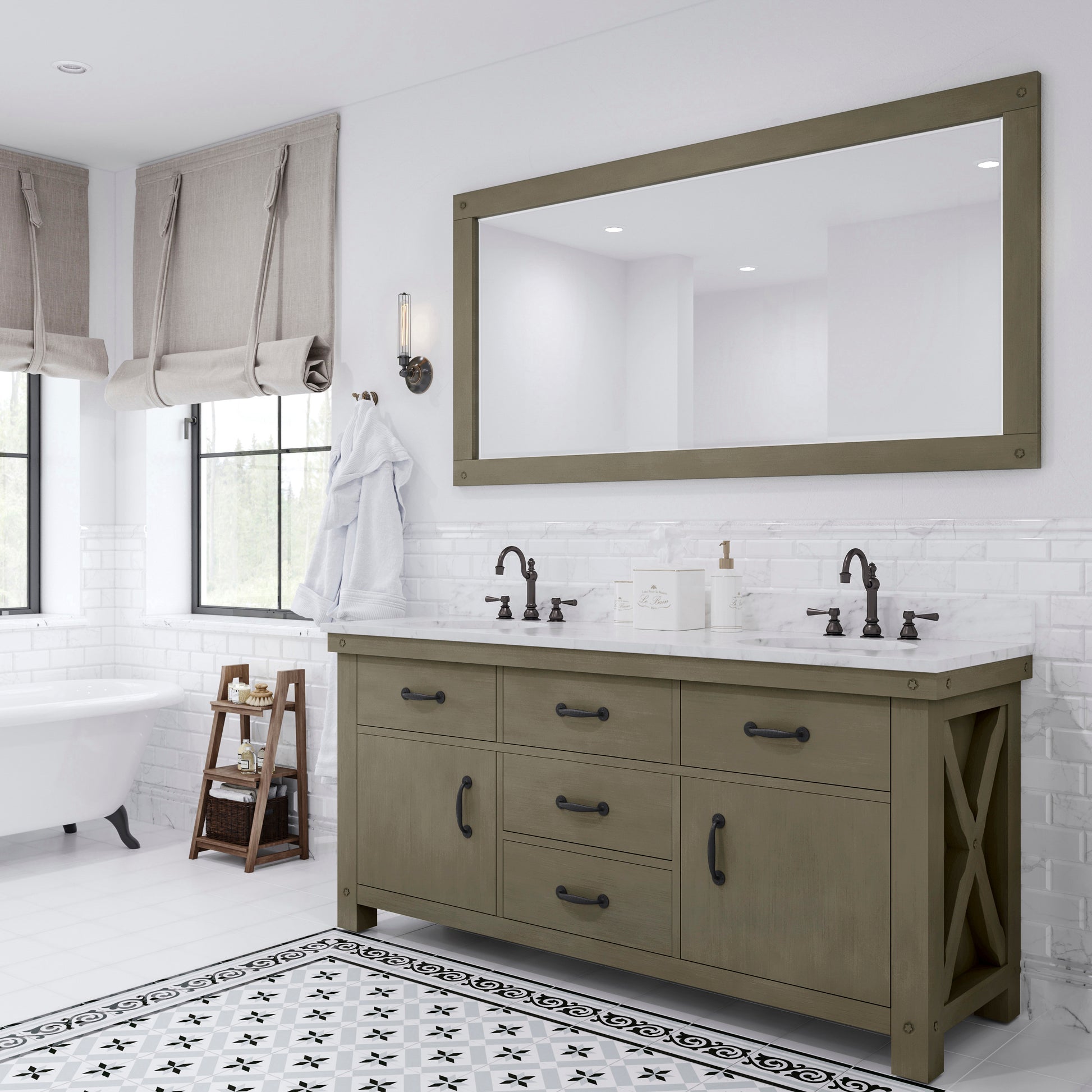 ABERDEEN 72"W x 34"H Grizzle Gray Double-Sink Vanity with Carrara White Marble Countertop + Mirror