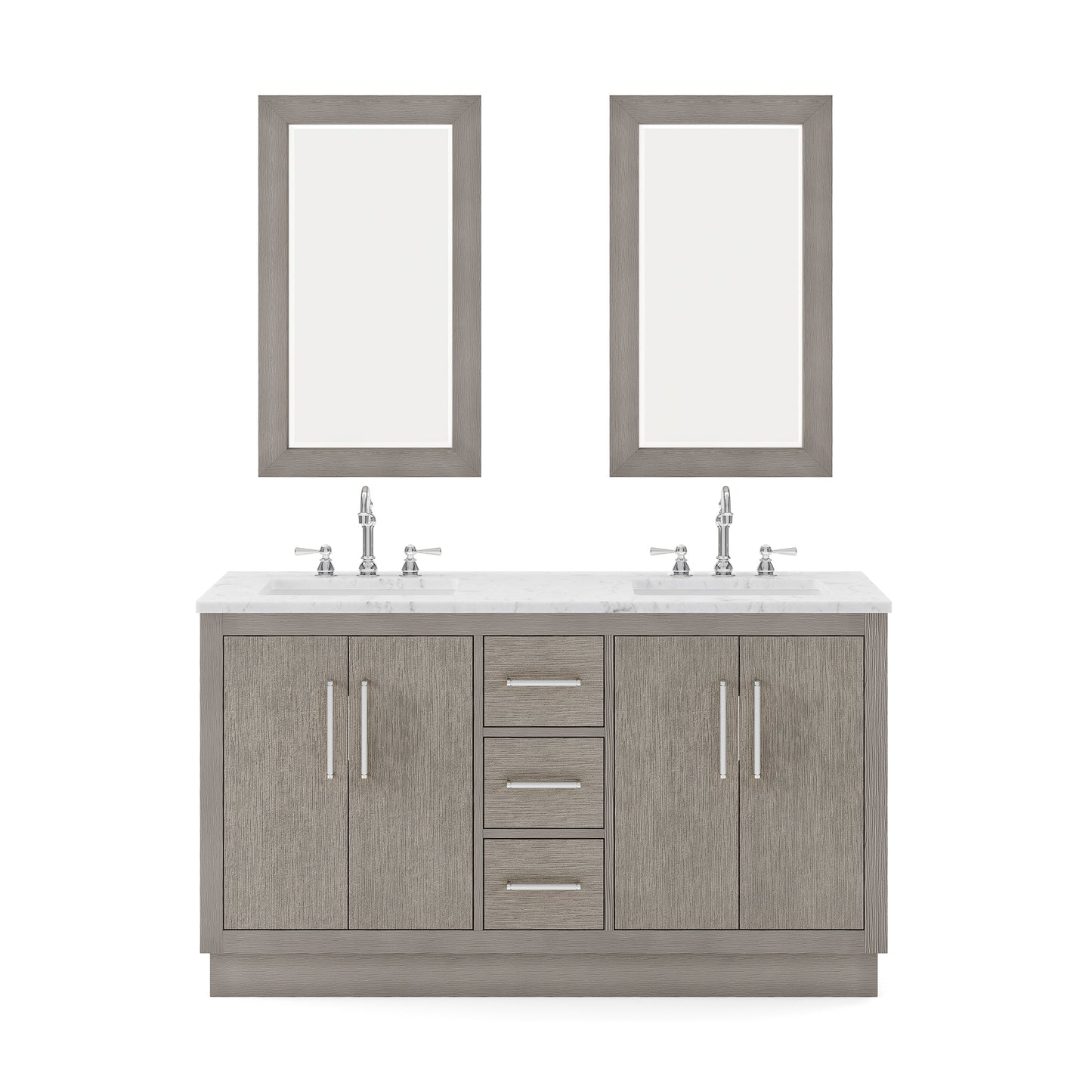 HUGO 60"W x 34.3"H Gray Oak Double-Sink Vanity with Carrara White Marble Countertop + Hook Faucets and Mirrors