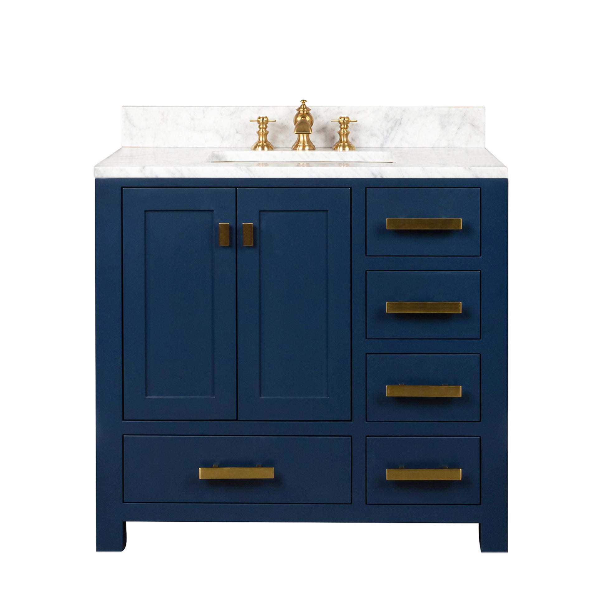 MADISON 36"W x 34"H Monarch Blue Single-Sink Vanity with Carrara White Marble Countertop + Faucets (F2-0013-06-FX)