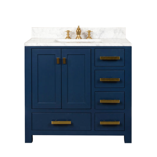 MADISON 36"W x 34"H Monarch Blue Single-Sink Vanity with Carrara White Marble Countertop + Faucets (F2-0013-06-FX)