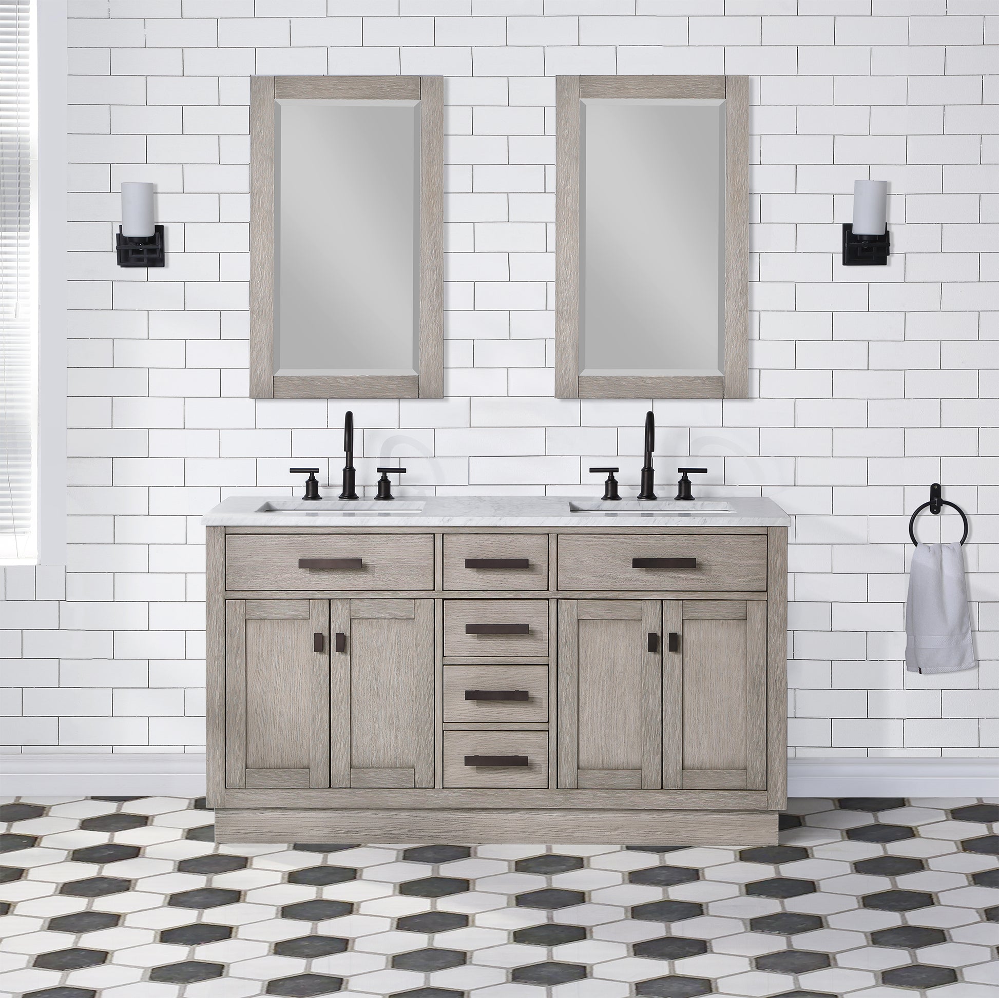 CHESTNUT 60"W x 34.2"H Gray Oak Double-Sink Vanity with Carrara White Marble Countertop + Mirrors