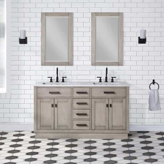 CHESTNUT 60"W x 34.2"H Gray Oak Double-Sink Vanity with Carrara White Marble Countertop + Mirrors