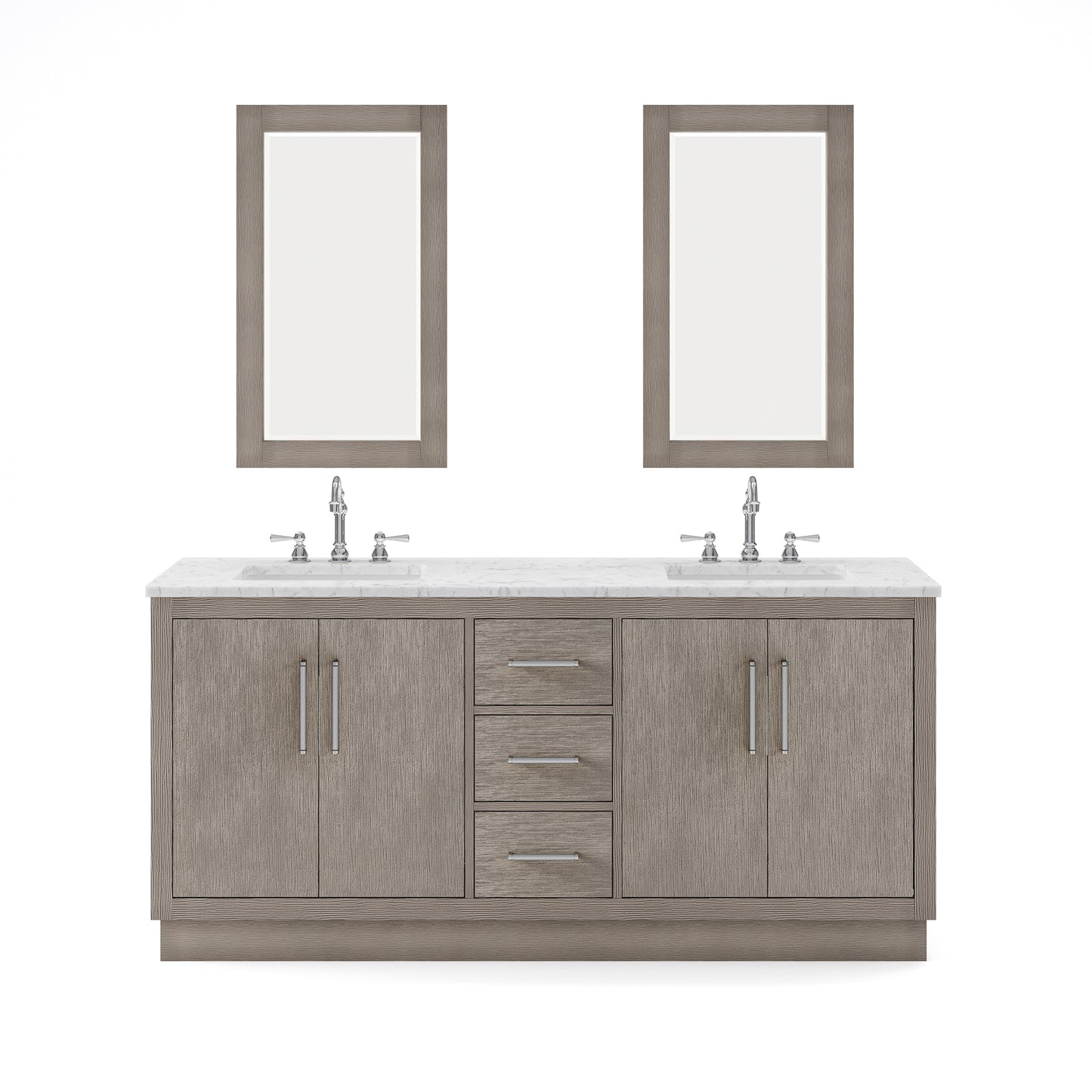 HUGO 72"W x 34.3"H Gray Oak Double-Sink Vanity with Carrara White Marble Countertop + Mirrors