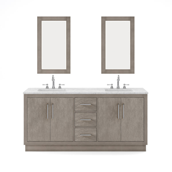 HUGO 72W x 34.3H Gray Oak Double-Sink Vanity with Carrara White Marble Countertop + Mirrors