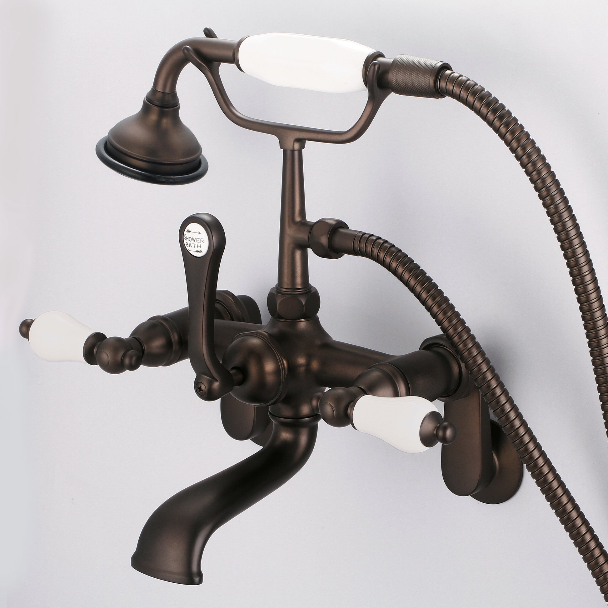 Vintage Classic Adjustable Center Wall Mount Tub Faucet With Swivel Wall Connector & Handheld Shower in Oil Rubbed Bronze Finish, With Porcelain Lever Handles Without labels