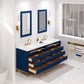 BRISTOL 72"W x 34"H Monarch Blue Double-Sink Vanity with Carrara White Marble Countertop + Satin Gold Hook Faucets