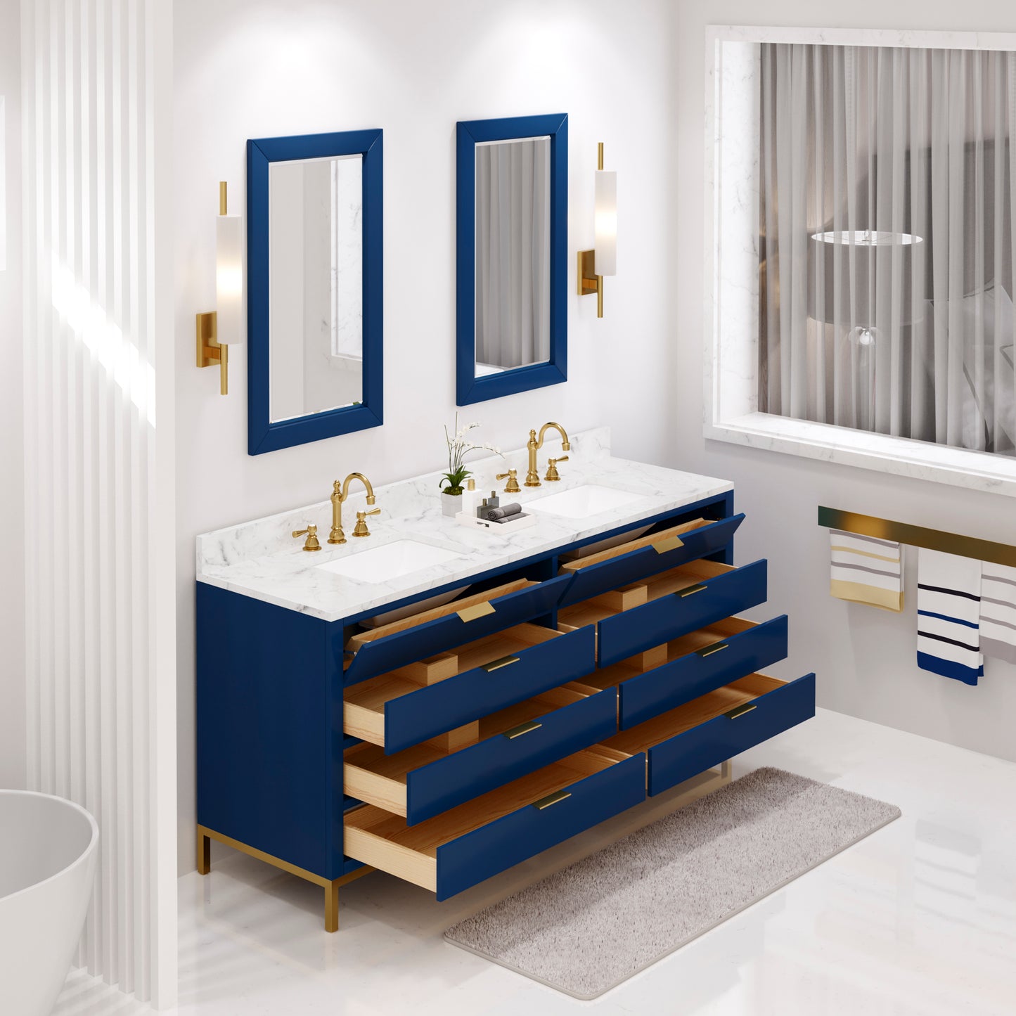 BRISTOL 72"W x 34"H Monarch Blue Double-Sink Vanity with Carrara White Marble Countertop + Satin Gold Hook Faucets