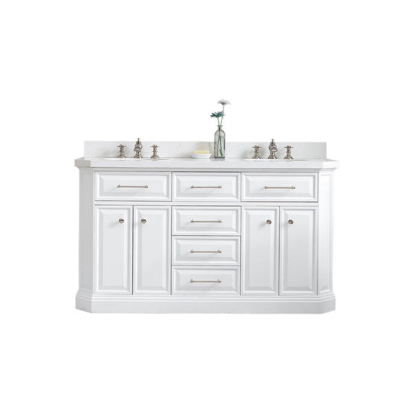 PALACE 60W x 34H Pure White Vanity with Carrara Quartz Countertop + Faucets (F2-0013), Polished Nickel Finish Hardware