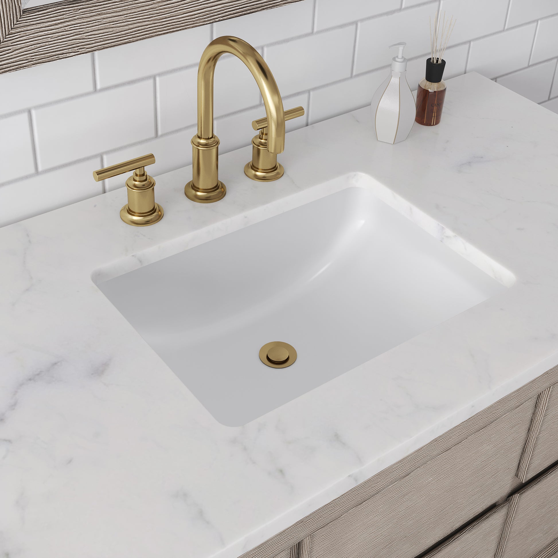 OAKMAN 72"W x 34.3"H Gray Oak Double-Sink Vanity with Carrara White Marble Countertop + Gold Faucets