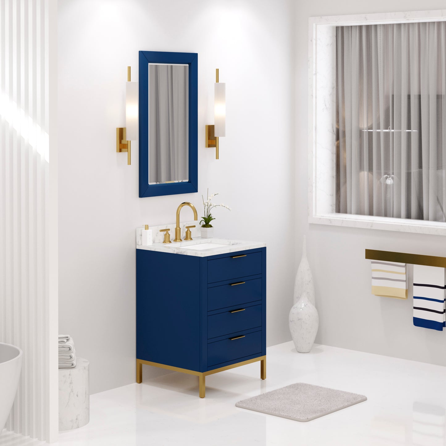 BRISTOL 24"W x 34"H Monarch Blue Single-Sink Vanity with Carrara White Marble Countertop + Rectangular Mirror (S)