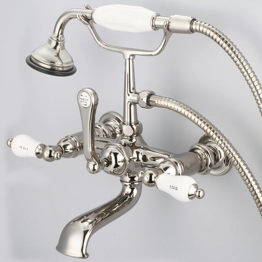 Vintage Classic 7" Spread Wall Mount Tub Faucet With Straight Wall Connector & Handheld Shower in Polished Nickel Finish, With Porcelain Lever Handles, Hot And Cold Labels Included