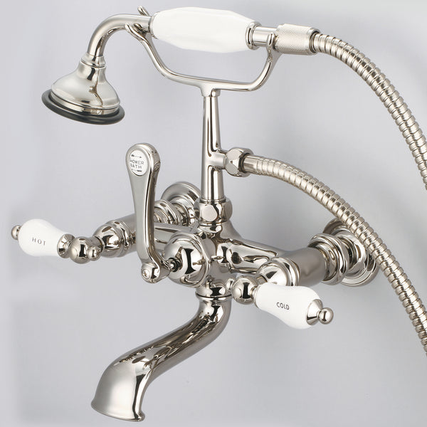 Vintage Classic 7 Spread Wall Mount Tub Faucet With Straight Wall Connector & Handheld Shower in Polished Nickel Finish, With Porcelain Lever Handles, Hot And Cold Labels Included