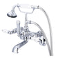 Vintage Classic Adjustable Center Wall Mount Tub Faucet With Swivel Wall Connector & Handheld Shower in Chrome Finish, With Porcelain Lever Handles, Hot And Cold Labels Included