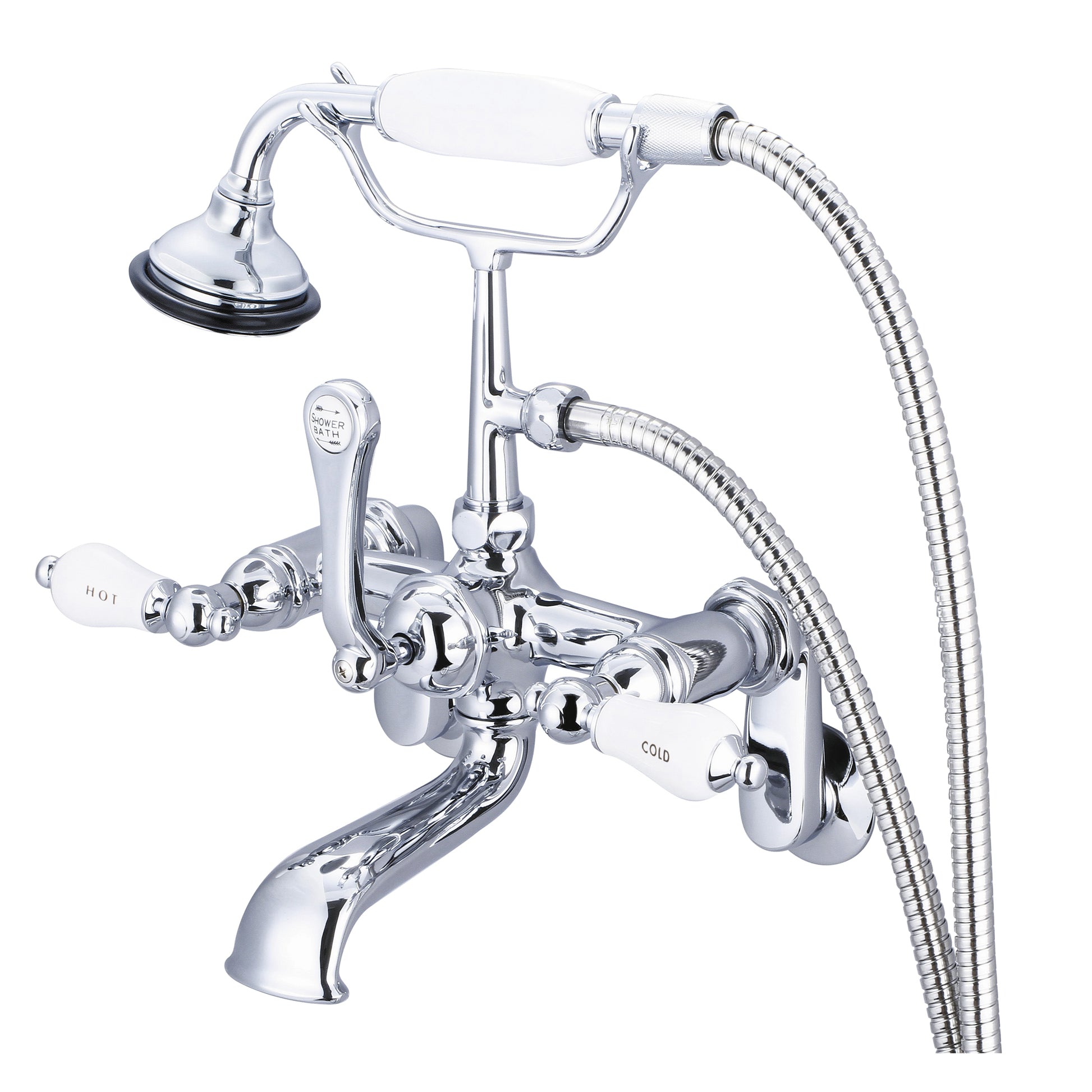 Vintage Classic Adjustable Center Wall Mount Tub Faucet With Swivel Wall Connector & Handheld Shower in Chrome Finish, With Porcelain Lever Handles, Hot And Cold Labels Included