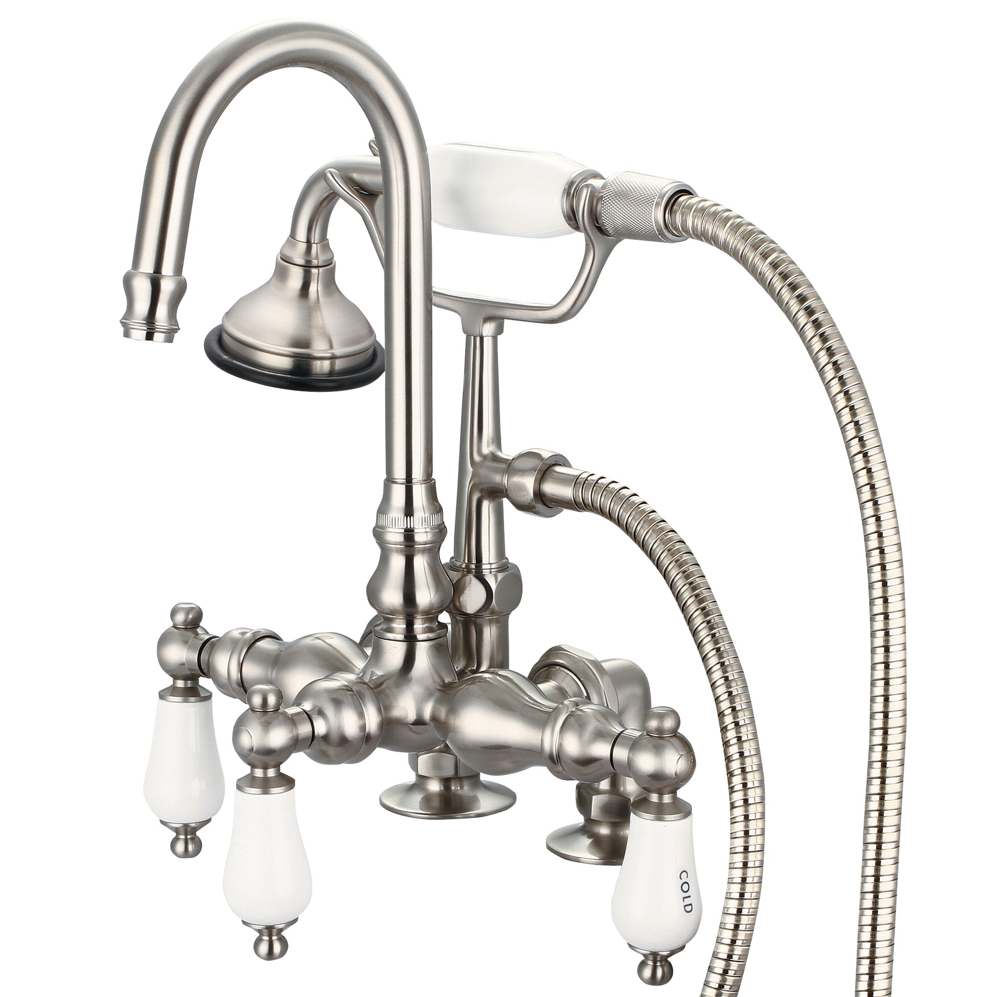 Vintage Classic 3.375" Center Deck Mount Tub Faucet With Gooseneck Spout, 2" Risers & Handheld Shower in Brushed Nickel Finish, With Porcelain Lever Handles, Hot And Cold Labels Included