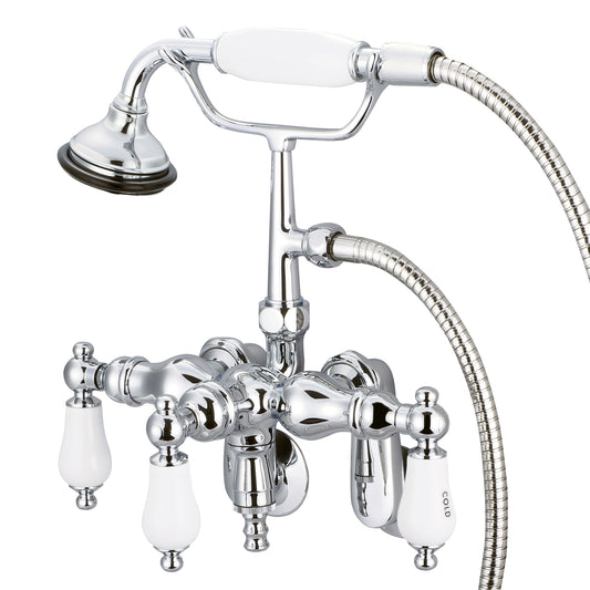 Vintage Classic Adjustable Center Wall Mount Tub Faucet With Down Spout, Swivel Wall Connector & Handheld Shower in Chrome Finish, With Porcelain Lever Handles, Hot And Cold Labels Included