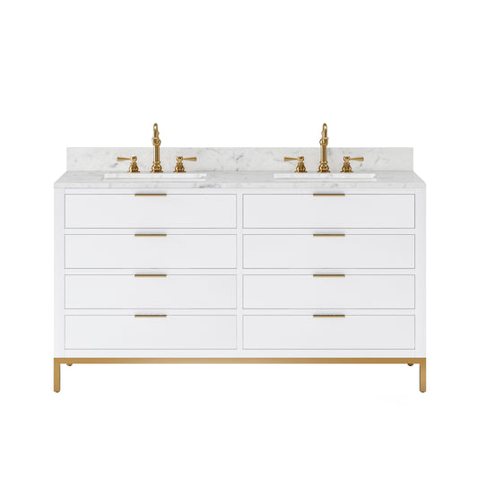 BRISTOL 60"W x 34"H Pure White Double-Sink Vanity with Carrara White Marble Countertop + Satin Gold Hook Faucets