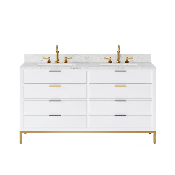 BRISTOL 60W x 34H Pure White Double-Sink Vanity with Carrara White Marble Countertop + Satin Gold Hook Faucets