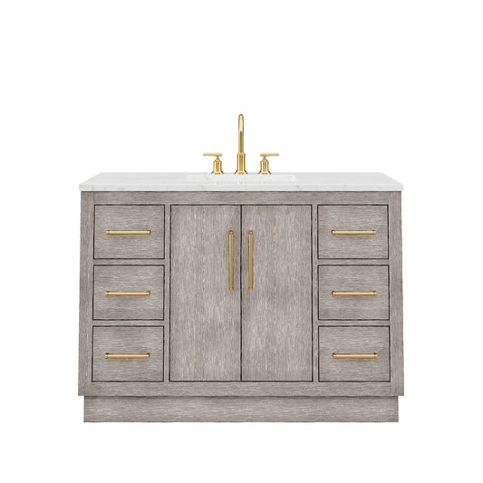 HUGO 48"W x 34.3"H Gray Oak Single-Sink Vanity with Carrara White Marble Countertop + Gooseneck Faucet