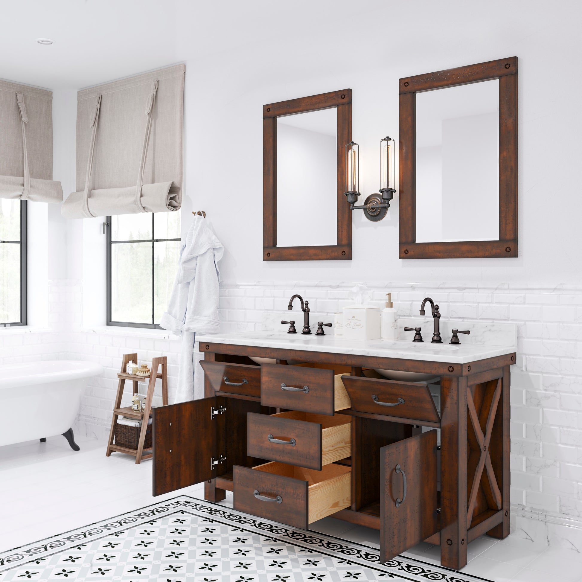 ABERDEEN 60"W x 34"H Sierra Rustic Double-Sink Vanity with Carrara White Marble Countertop