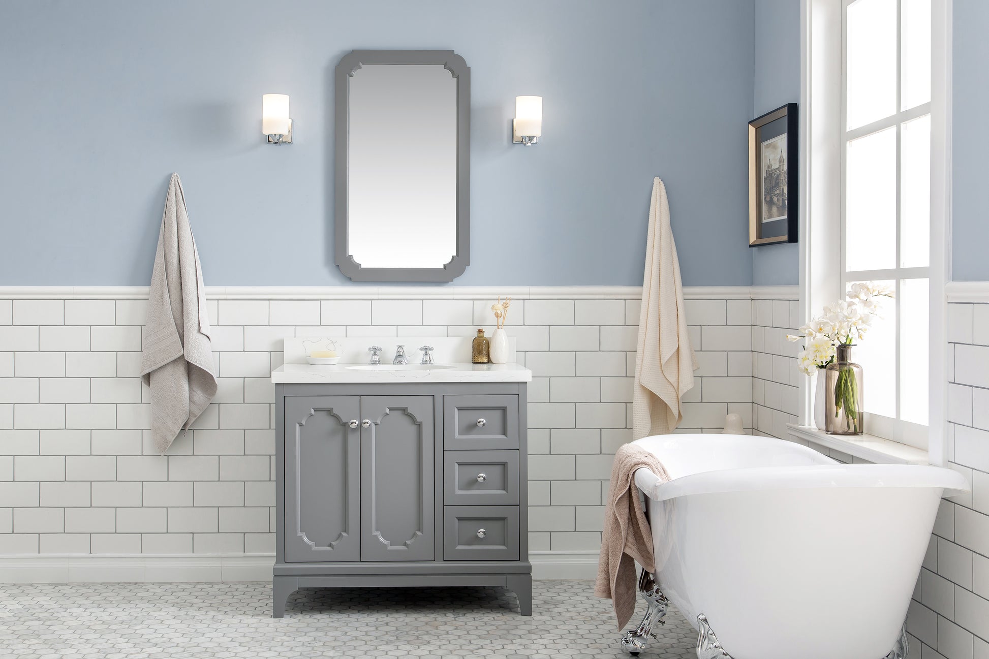 QUEEN 36"W x 34"H Cashmere Gray Single-Sink Vanity with Carrara Quartz Countertop + Faucets (F2-0009-01-BX)