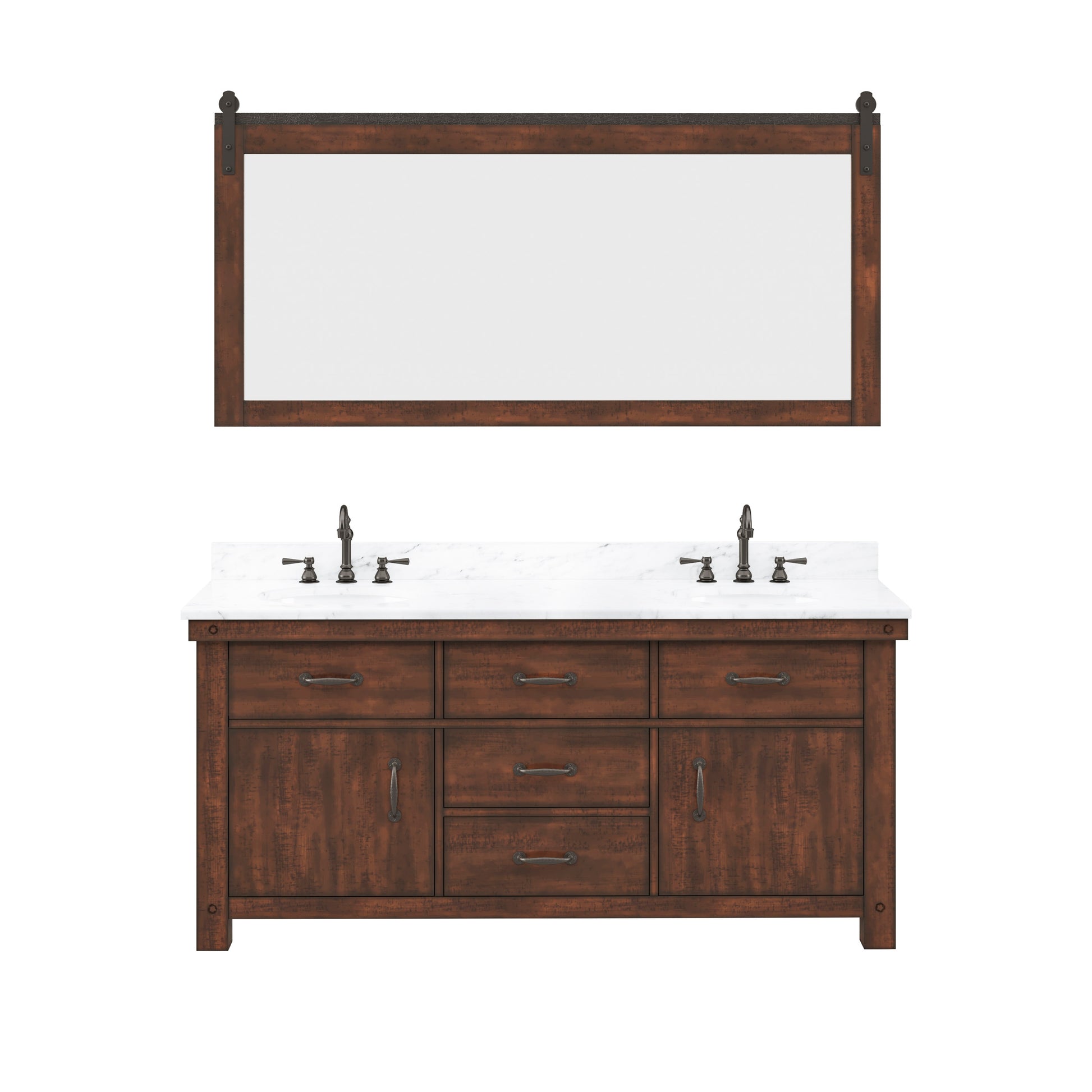 ABERDEEN 72"W x 34"H Sierra Rustic Double-Sink Vanity with Carrara White Marble Countertop + Mirrors