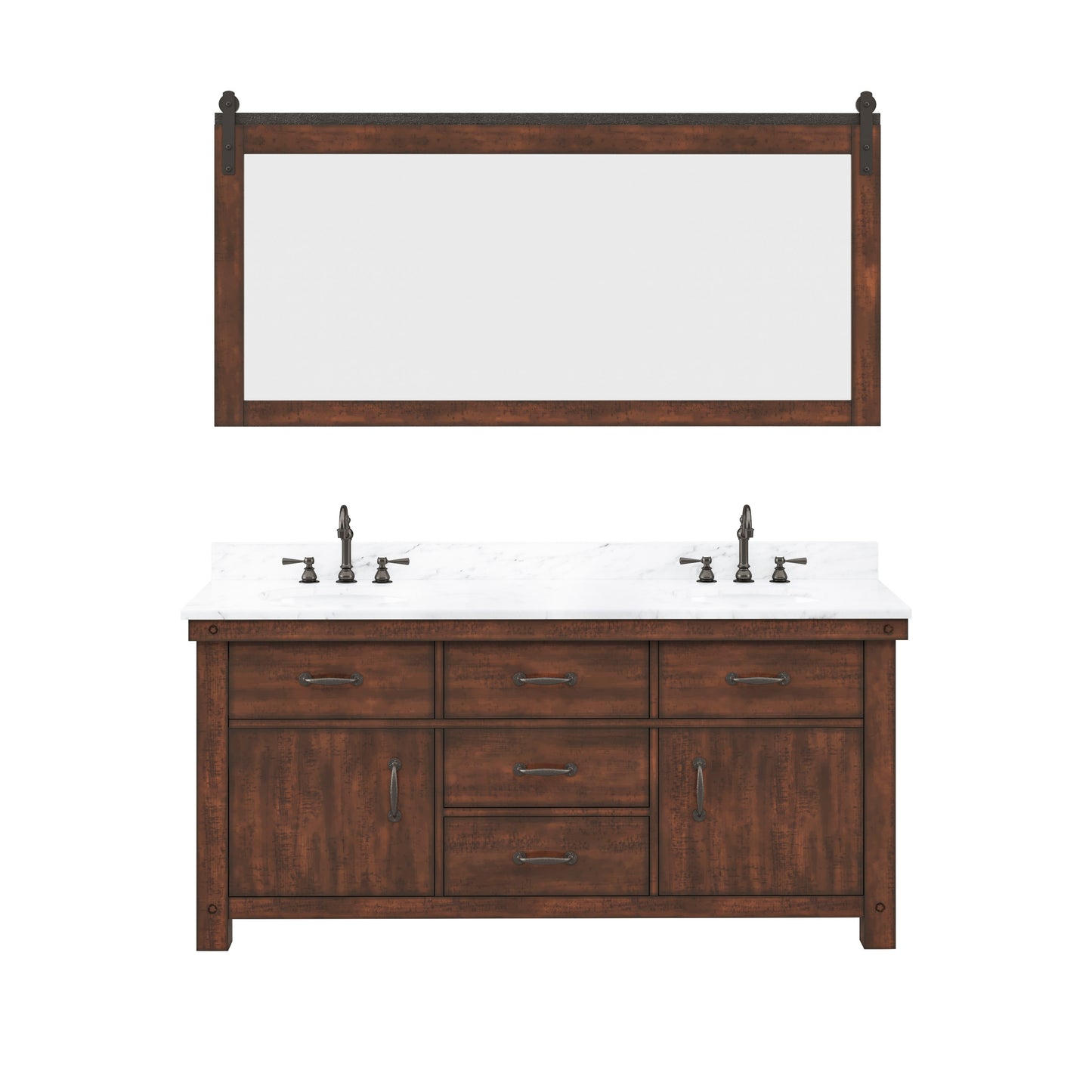 ABERDEEN 72"W x 34"H Sierra Rustic Double-Sink Vanity with Carrara White Marble Countertop + Mirrors