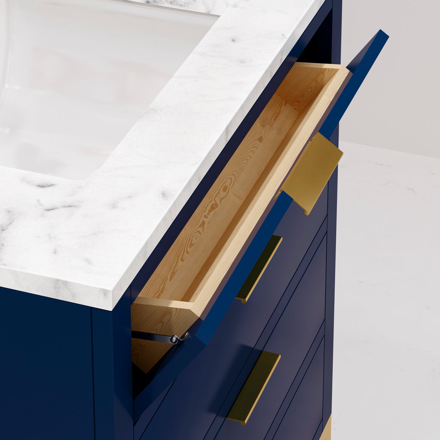 BRISTOL 30"W x 34"H Monarch Blue Single-Sink Vanity with Carrara White Marble Countertop + Satin Gold Gooseneck Faucet