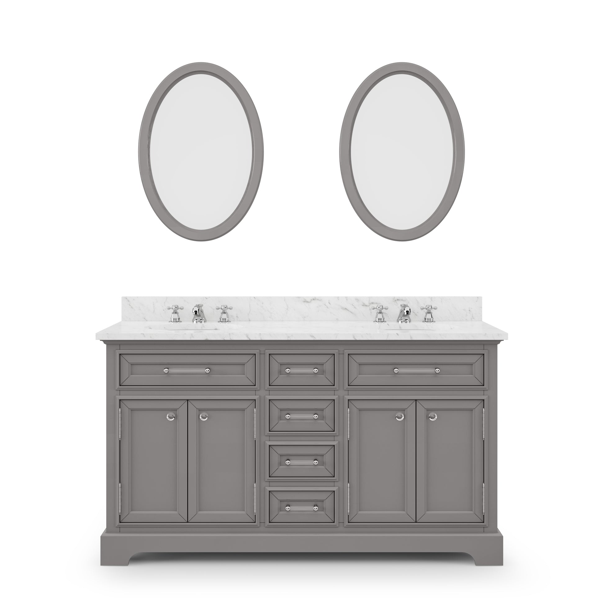 DERBY 60"W x 34"H Cashmere Gray Double-Sink Vanity with Carrara White Marble Countertop + Faucets & Mirrors