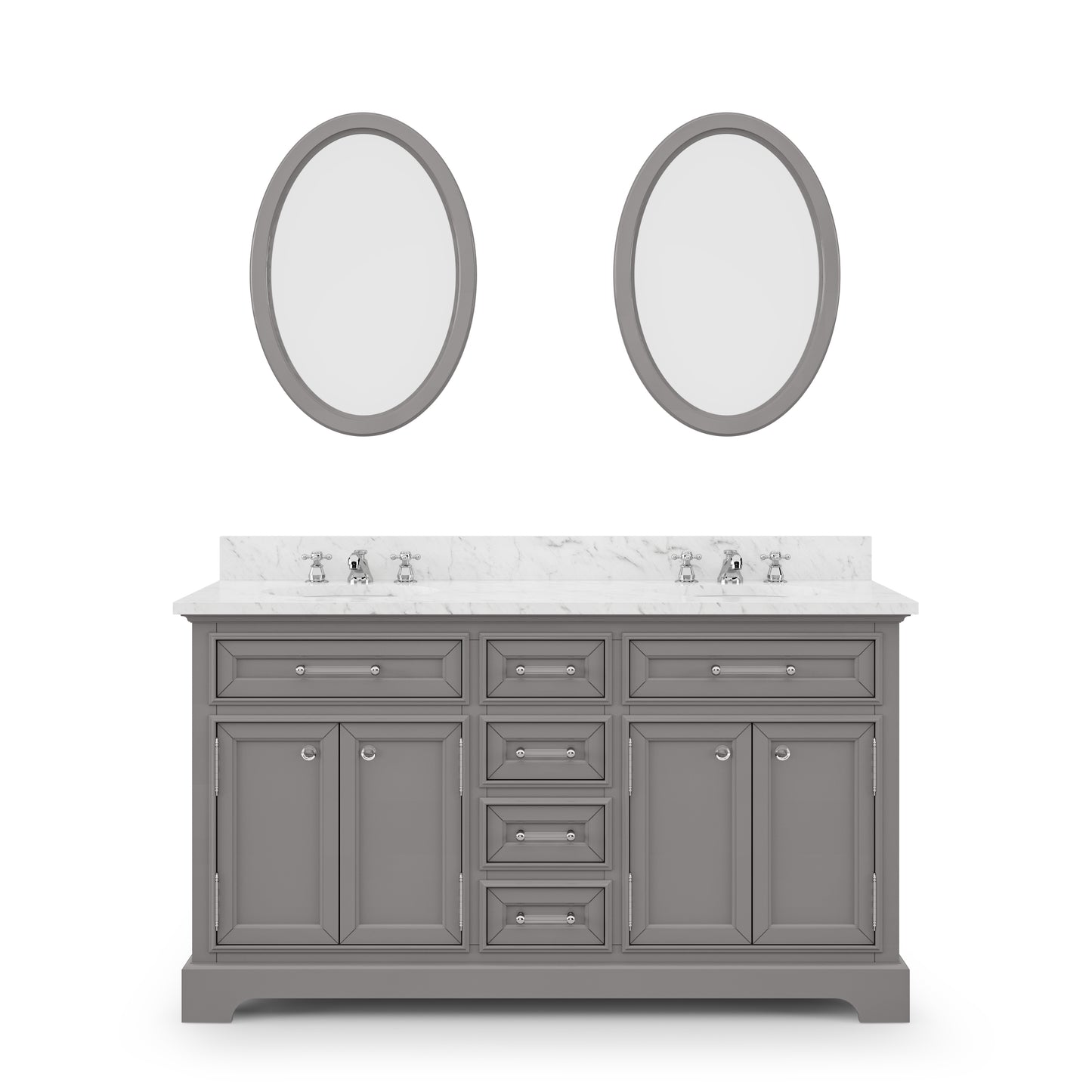 DERBY 60"W x 34"H Cashmere Gray Double-Sink Vanity with Carrara White Marble Countertop + Faucets & Mirrors