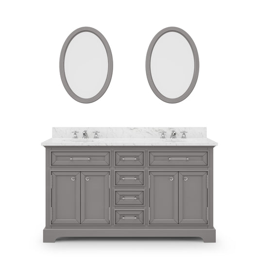 DERBY 60"W x 34"H Cashmere Gray Double-Sink Vanity with Carrara White Marble Countertop + Faucets & Mirrors