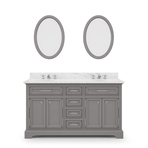 DERBY 60W x 34H Cashmere Gray Double-Sink Vanity with Carrara White Marble Countertop + Faucets & Mirrors