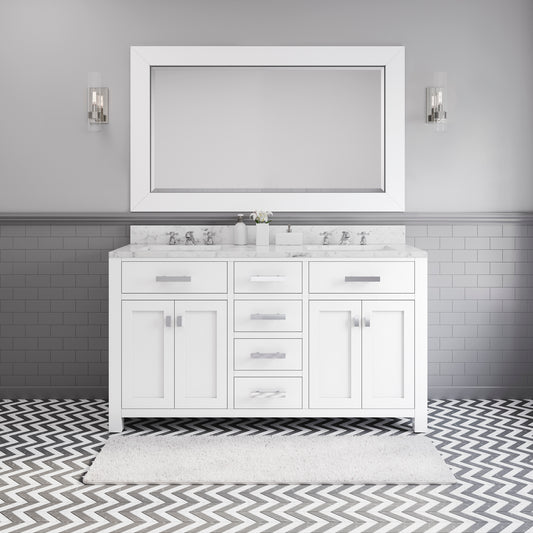 MADISON 60"W x 34"H Pure White Double-Sink Vanity + Faucets & Mirror