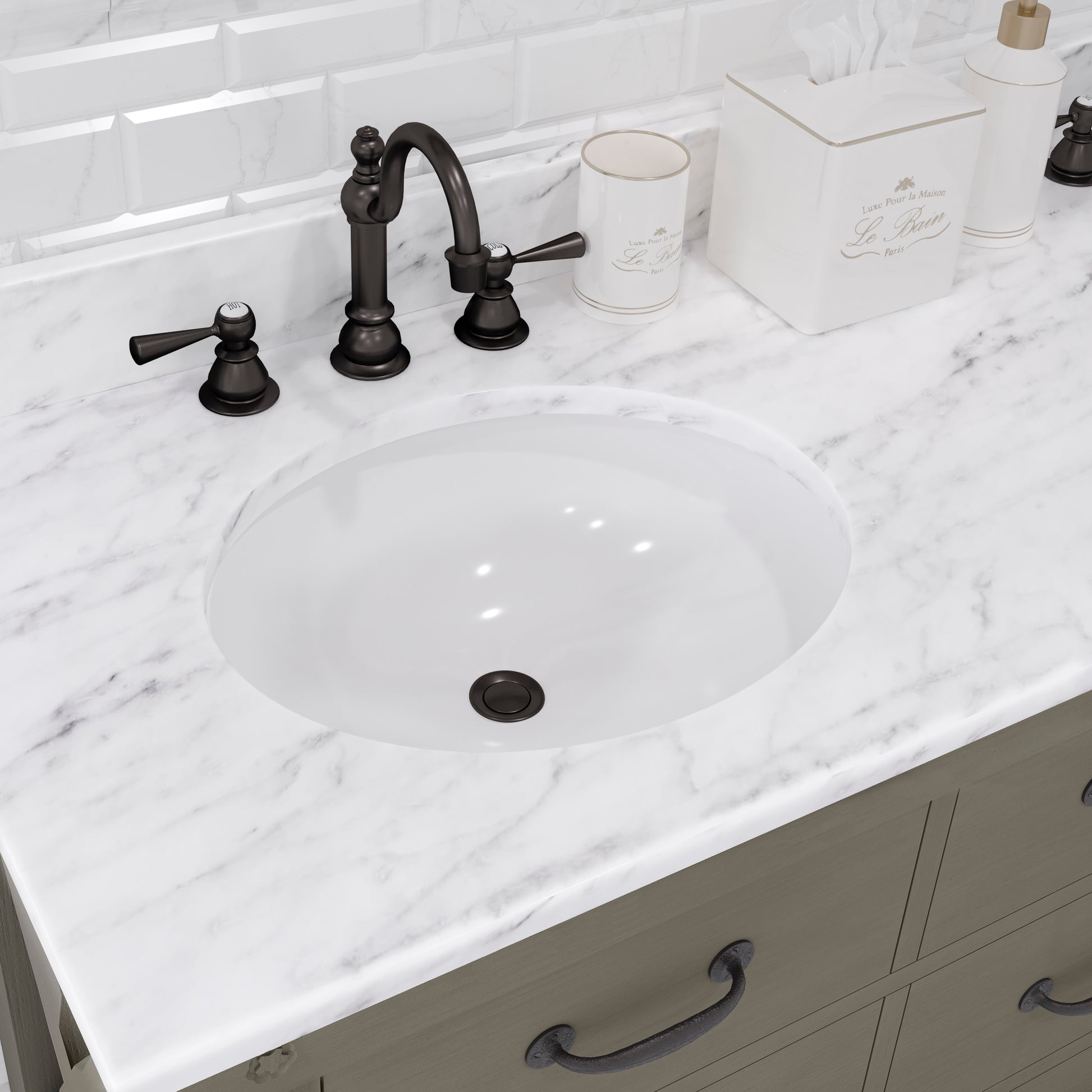 ABERDEEN 60"W x 34"H Grizzle Grey Double-Sink Vanity with Carrara White Marble Countertop + Faucets