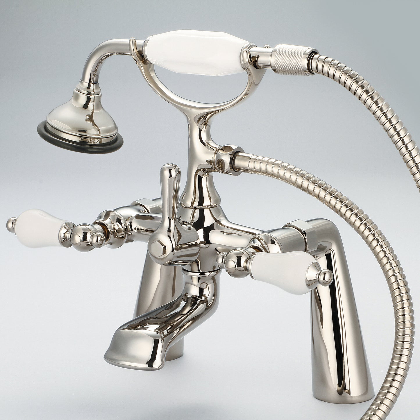 Vintage Classic 7" Spread Deck Mount Tub Faucet With Handheld Shower in Polished Nickel Finish, With Porcelain Lever Handles Without labels