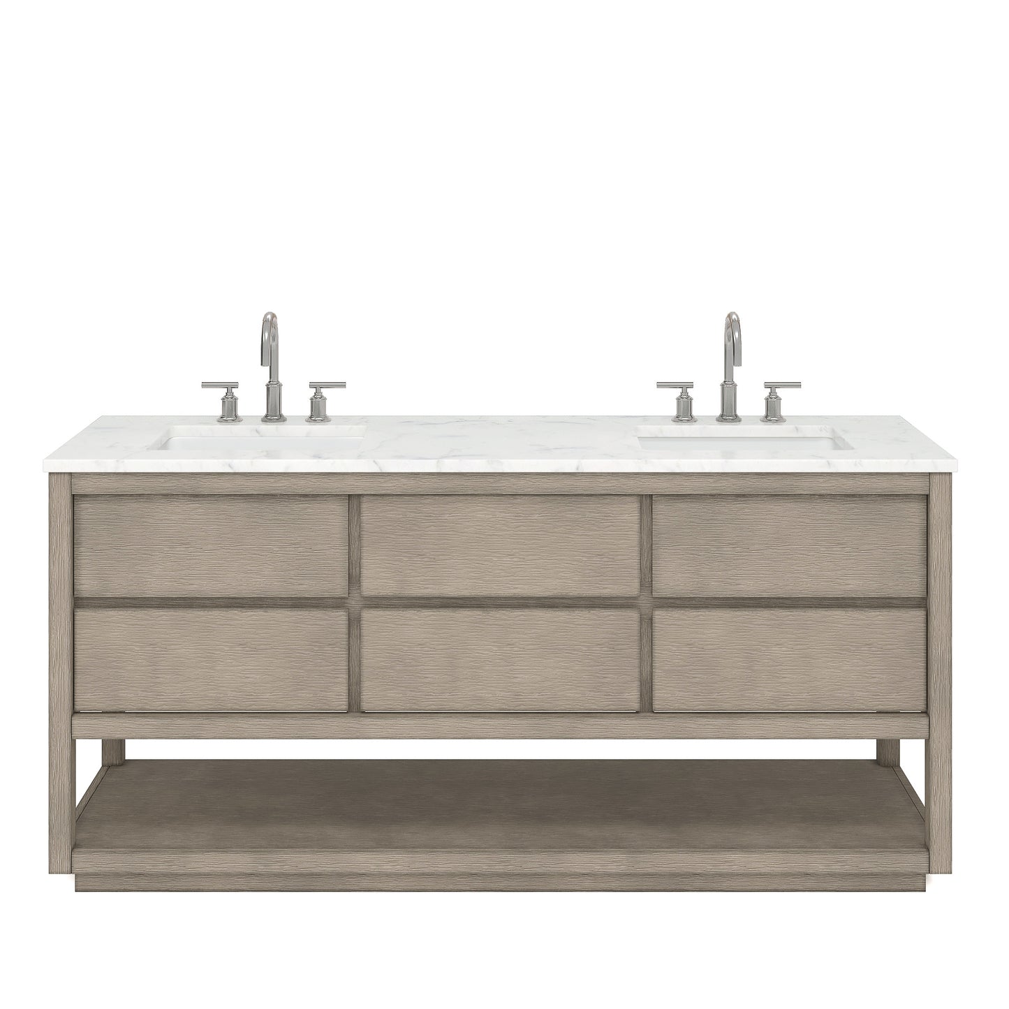 OAKMAN 72"W x 34.3"H Gray Oak Double-Sink Vanity with Carrara White Marble Countertop + Chrome Faucets