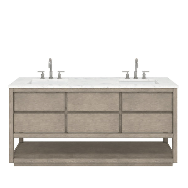 OAKMAN 72W x 34.3H Gray Oak Double-Sink Vanity with Carrara White Marble Countertop + Chrome Faucets