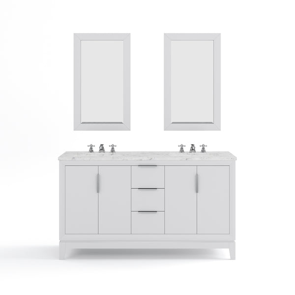 ELIZABETH 60W x 34.25H Pure White Double-Sink Vanity with Carrara White Marble Countertop + Faucets & Mirror (F2-0009-01-BX)