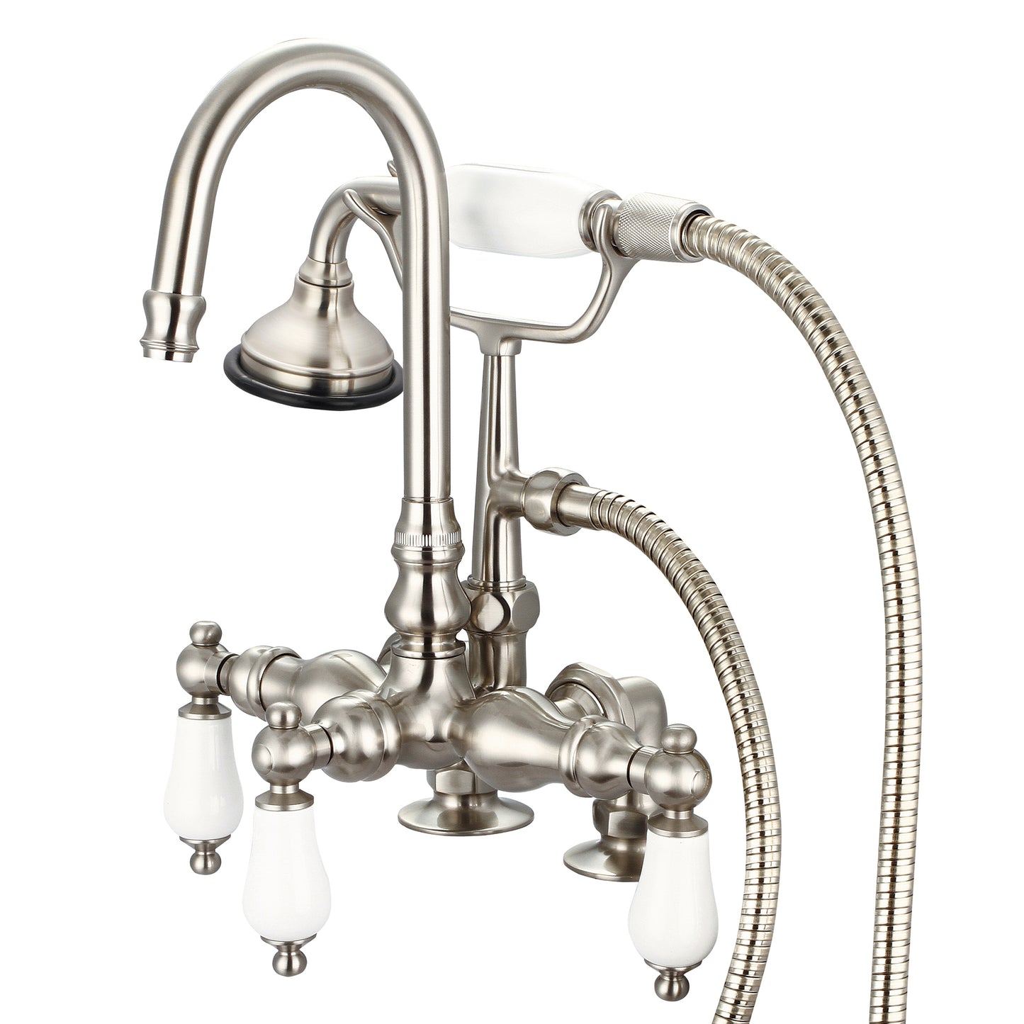 Vintage Classic 3.375" Center Deck Mount Tub Faucet With Gooseneck Spout, 2" Risers & Handheld Shower in Brushed Nickel Finish, With Porcelain Lever Handles Without labels