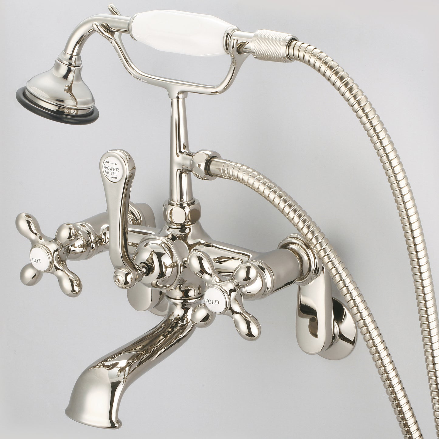 Vintage Classic Adjustable Center Wall Mount Tub Faucet With Swivel Wall Connector & Handheld Shower in Polished Nickel Finish, With Metal Lever Handles, Hot And Cold Labels Included