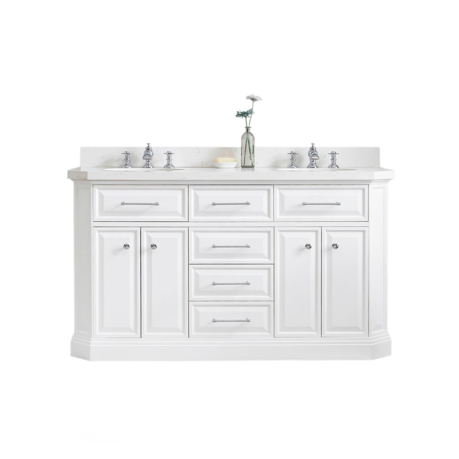 PALACE 60"W x 34"H Pure White Vanity with Carrara Quartz Countertop + Faucets (F2-0013), Chrome Finish Hardware