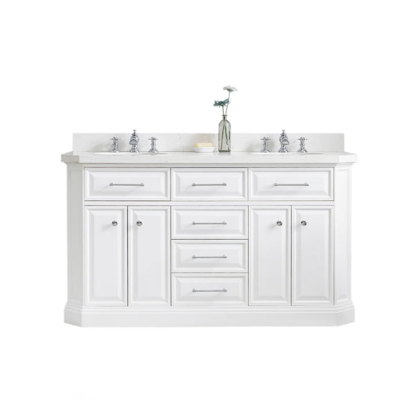 PALACE 60W x 34H Pure White Vanity with Carrara Quartz Countertop + Faucets (F2-0013), Chrome Finish Hardware