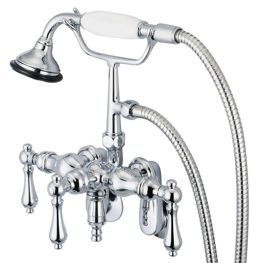 Vintage Classic Adjustable Center Wall Mount Tub Faucet With Down Spout, Swivel Wall Connector & Handheld Shower in Chrome Finish, With Metal Lever Handles Without Labels