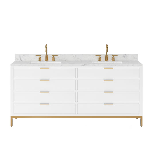 BRISTOL 72"W x 34"H Pure White Double-Sink Vanity with Carrara White Marble Countertop + Satin Gold Gooseneck Faucets