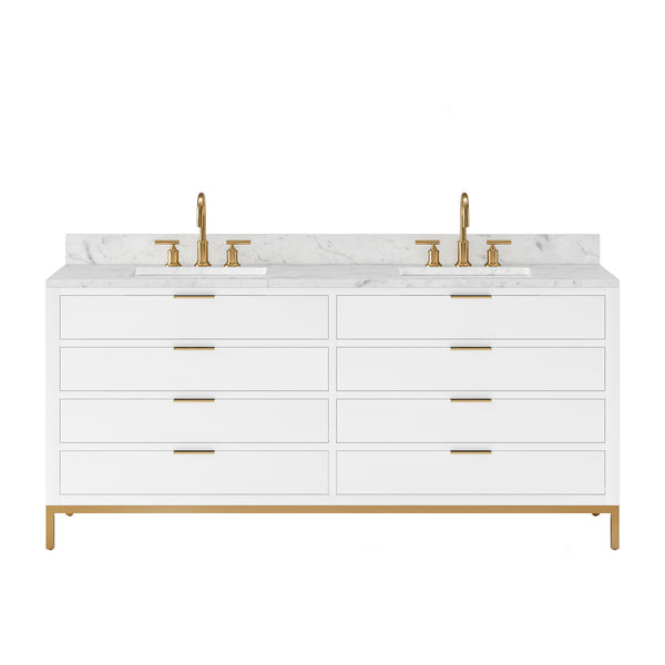 BRISTOL 72W x 34H Pure White Double-Sink Vanity with Carrara White Marble Countertop + Satin Gold Gooseneck Faucets