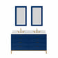 BRISTOL 60"W x 34"H Monarch Blue Double-Sink Vanity with Carrara White Marble Countertop + Satin Gold Hook Faucets and Rectangular Mirrors (S)