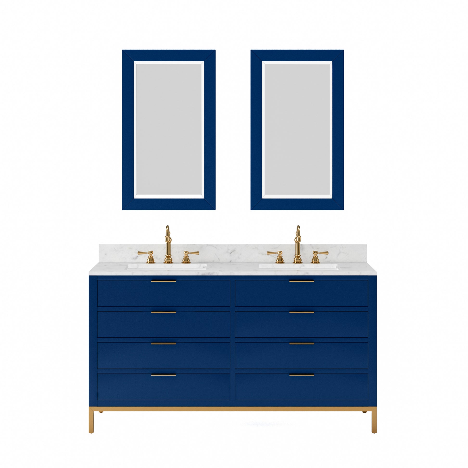 BRISTOL 60"W x 34"H Monarch Blue Double-Sink Vanity with Carrara White Marble Countertop + Satin Gold Hook Faucets and Rectangular Mirrors (S)