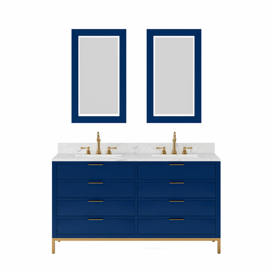 BRISTOL 60"W x 34"H Monarch Blue Double-Sink Vanity with Carrara White Marble Countertop + Satin Gold Hook Faucets and Rectangular Mirrors (S)